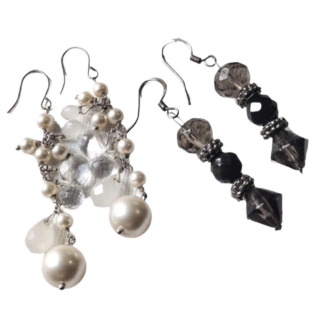 Vintage 2 Pairs 925 Sterling Silver Crystal Pearls Bead Dangle Earrings 13$